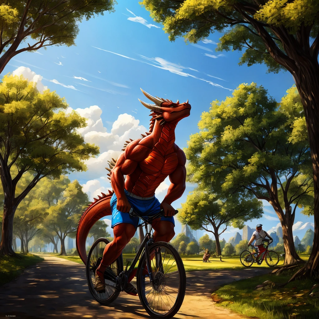 muscular red dragon with spikes
along its head, drinking water from a
bottle. The dragon is wearing
semi-transparent shorts that subtly
outline of his penis, extending from the
groin to the right thigh. He is leaning
on a bicycle, with the scene set in a
park-like environment. In the
background, a dog wearing a helmet
is riding a bicycle, gazing up at the
dragon with a fascinated expression
The overall setting should capture a
sunny, outdoor atmosphere with
scattered trees and a clear blue sky.