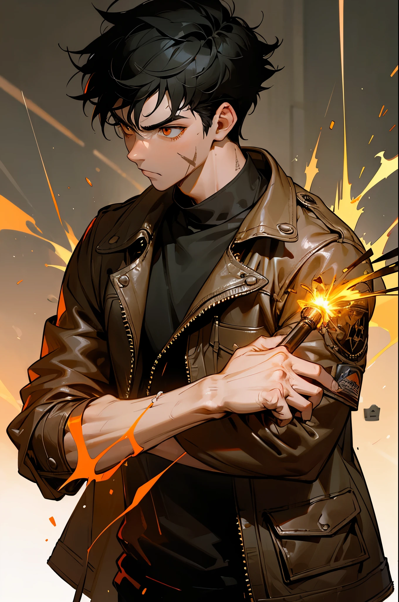 boy, strong, fighter, black hair, shades, technician, mechanic, band-aid on face, cut scars on face, leather jacket, blowtorch sparks, dusty clothes, stoic expression, neutral expression, workshop background, bright orange eyes