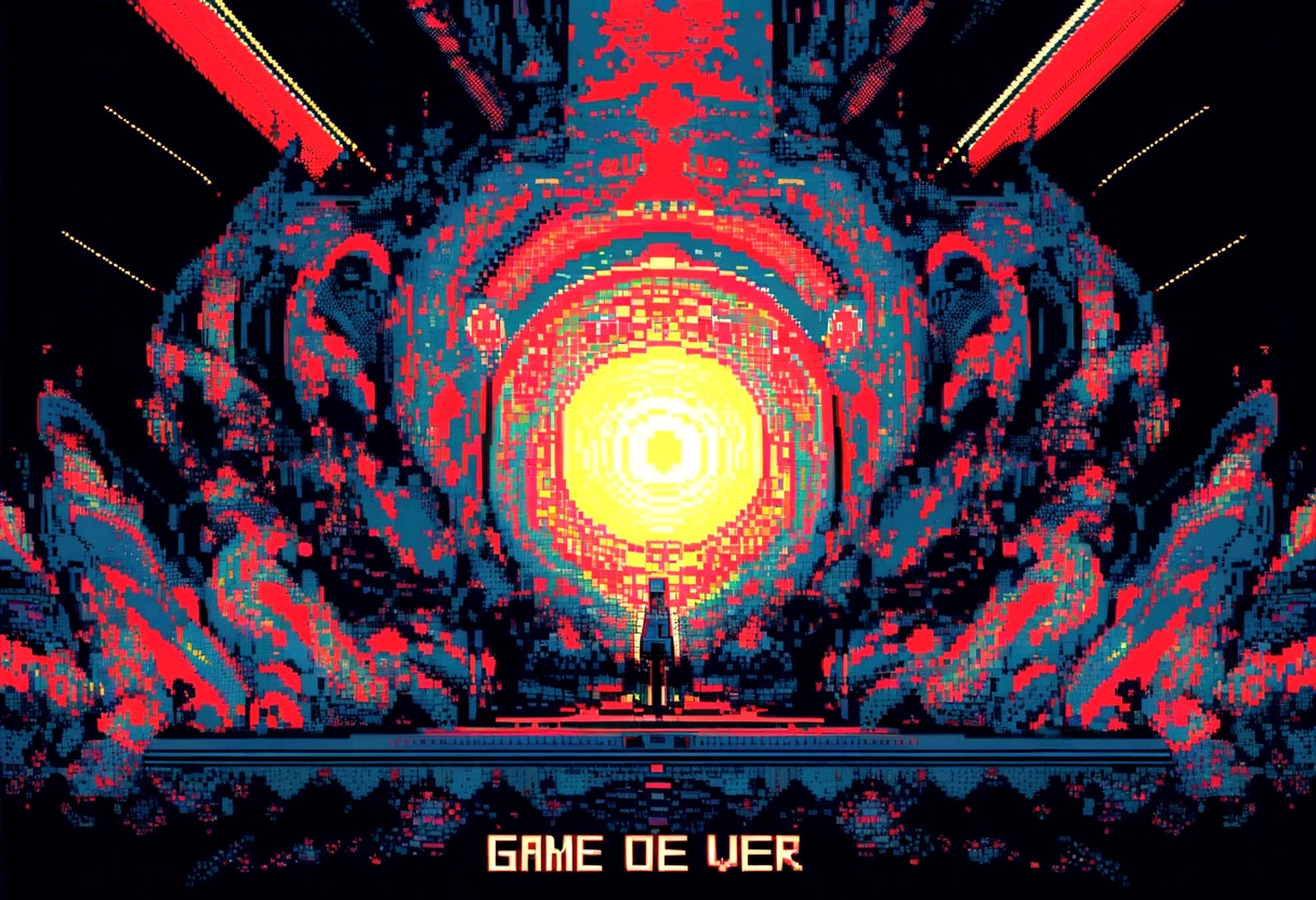 Elements: A pixel art game over screen, in dark tones, with the message "Game Over" highlighted. Lines of code and sound waves appear in the background, creating a psychedelic effect.
• Colors: Dark tones of red and black with points of white and yellow light.