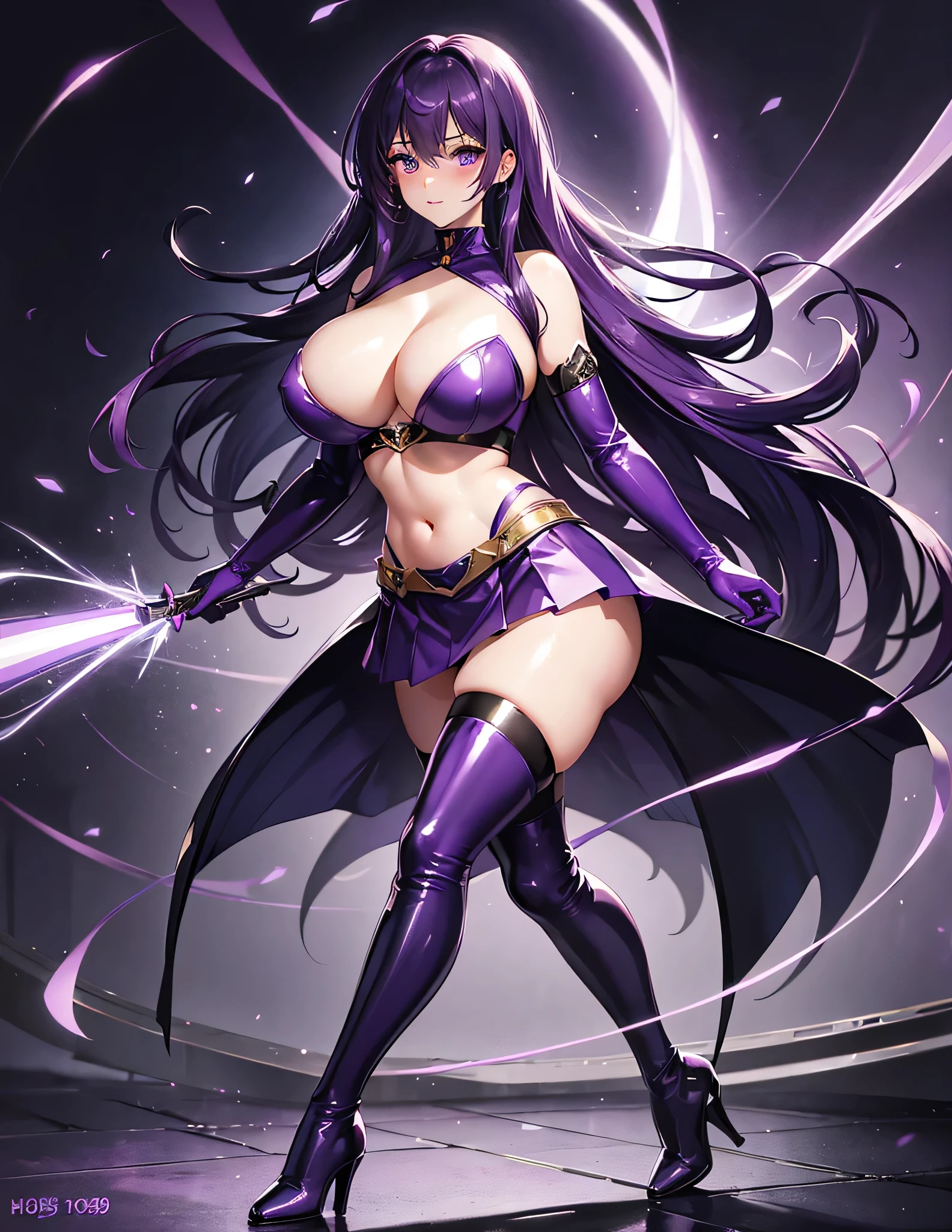 Full body, beautiful purple eyes, blush, cute face,  high quality, 8k, high resolution, (1 cute woman, solo: 1.1), gigantic breasts, beutiful background, purple hair, shiny purple crop top, shiny purple skirt, shiny purple gloves, shiny purple heel boots, naked shoulders