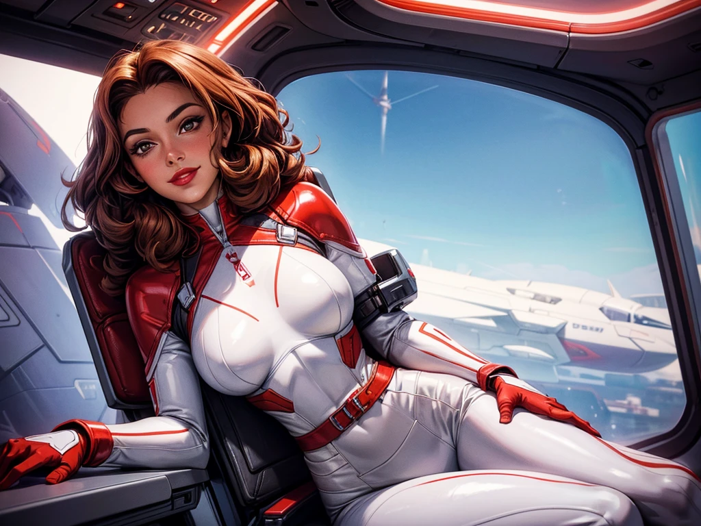 High-quality acrylic painting, VIVID COLORS, lateral point a view, a beautiful woman with brown curly hair, looking at the viewer with suspicious face and a shy smile, red lips, she wears white metallic ultra-glossy armor, hands in the waist, in a command chair in the cockpit of a spaceship