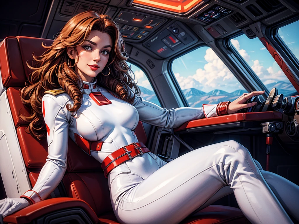 High-quality acrylic painting, VIVID COLORS, lateral point a view, a beautiful woman with brown curly hair, looking at the viewer with suspicious face and a shy smile, red lips, she wears white metallic ultra-glossy armor, hands in the waist, in a command chair in the cockpit of a spaceship