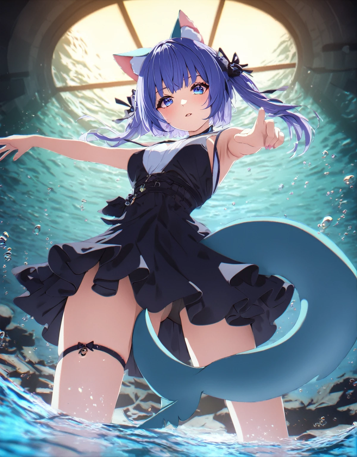 a cute adult anime girl, navy blue hair, bluec neon eyes, hunting pose, black dress, water green cat ears, water green shark tail, dorsal shark fin in the back, urrounded by a ocean underwater, spectacular cinematic lighting, electric atmosphere, highly detailed, 8k, photorealistic, detailed facial features,