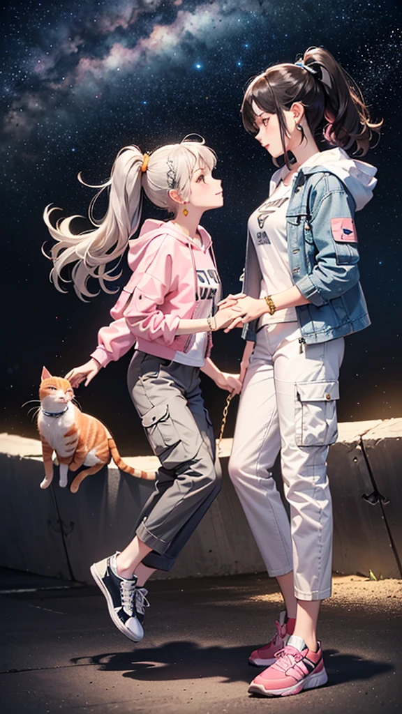 (((Holding a cute orange bantam cat in both hands))),((Highest quality,masterpiece,Full body front view of a mature beauty with big breasts,Air bangs,Blue gray high ponytail super long straight hair,Slightly curly hair on double sideburns,Hair ends curled in,Gray and pink short T-shirt,Light blue denim gray hooded jacket,Black and gray long and wide cargo pants,Pink and white sneakers)),Simple, small and exquisite round necklace,Little star earrings,Wearing a very thin gold bracelet on the right hand,starry sky galaxy background,Look at the lens head-on
