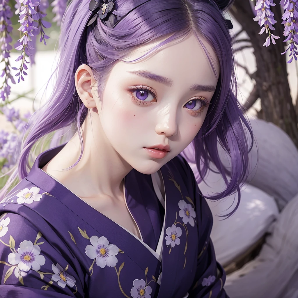 A Kimetsu no Yaiba style girl wearing a purple kimono with smooth white skin. Her hair is short, pale white, and bangs covering her forehead. She wears a wisteria flower on the right side of her head. She sits in the middle of a bunch of lavender flowers, closing her wide eyes with thick eyelashes.