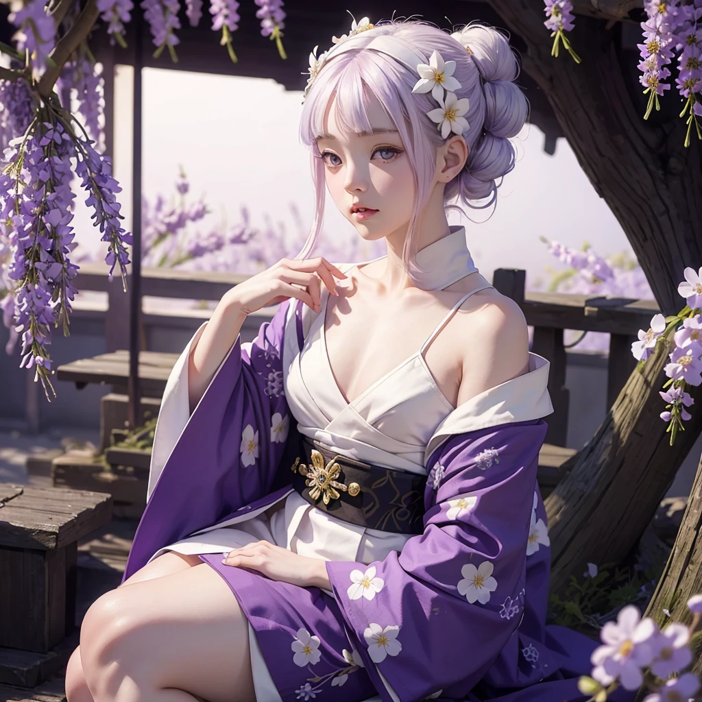 A Kimetsu no Yaiba style girl wearing a purple kimono with smooth white skin. Her hair is short, pale white, and bangs covering her forehead. She wears a wisteria flower on the right side of her head. She sits in the middle of a bunch of lavender flowers, closing her wide eyes with thick eyelashes.