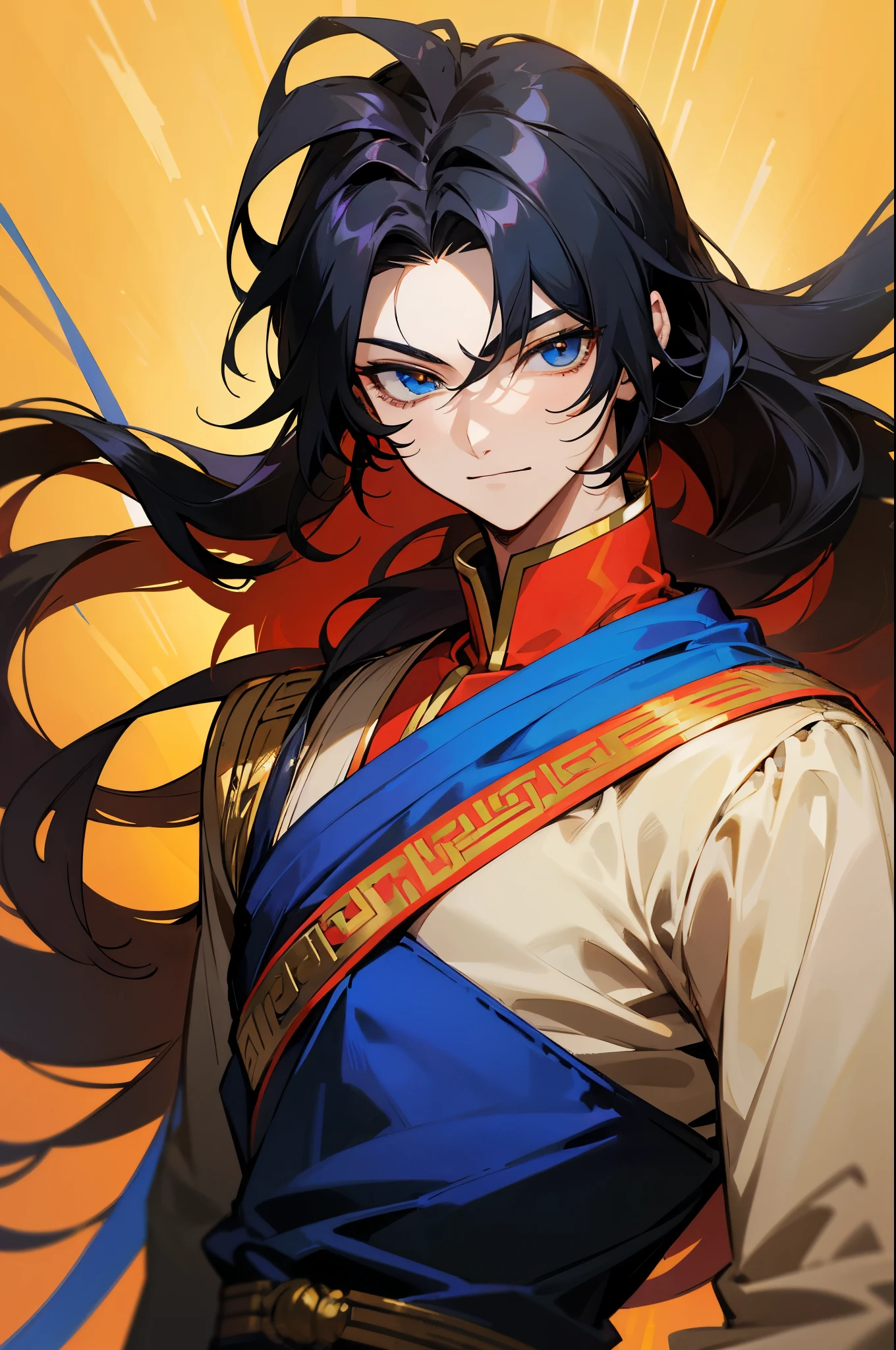 (high-quality, breathtaking),(expressive eyes, perfect face) portrait, 1boy, male, solo, young adult, black hair, blue coloured eyes, stylised hair, gentle smile, long length hair, loose hair, side bangs, curley hair, really spiky hair, spiked up hair, looking at viewer, portrait, ancient greek clothes, black long sleeved tunic gold trim around collar edges and down middle, greek, red and gold sash, simple background, slightly narrow eyes, masculine face, masculine eyes, baby face, happy expression, clothes similar to Hypnos Saint Seiya