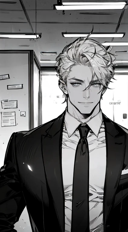 1 man, 34 years old, mature man, very handsome, without expression, smile, short grey golden hair, blue eyes, penetrating gaze, perfect face without errors, imposing posture, businessman, office background, cinematic lighting, hdr image, realistic, photorealistic, photo-realistic, best quality, 4k, 8k, highres, masterpiece, ultra-detailed