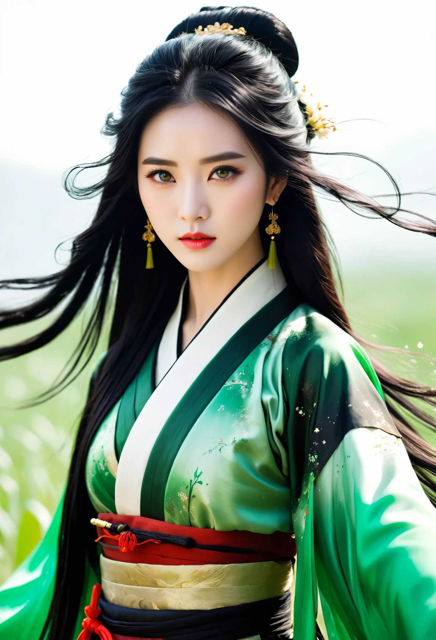 1 girl, Actress, Handsome, Ink splash, Chinese armor, (Upper Body), Black Hair, Flowing hair, Exquisite eyes, Black and green ancient silk Hanfu, Field of view, (f1.8), (masterpiece), (Portraits), front Photo, White background, (poster), arms