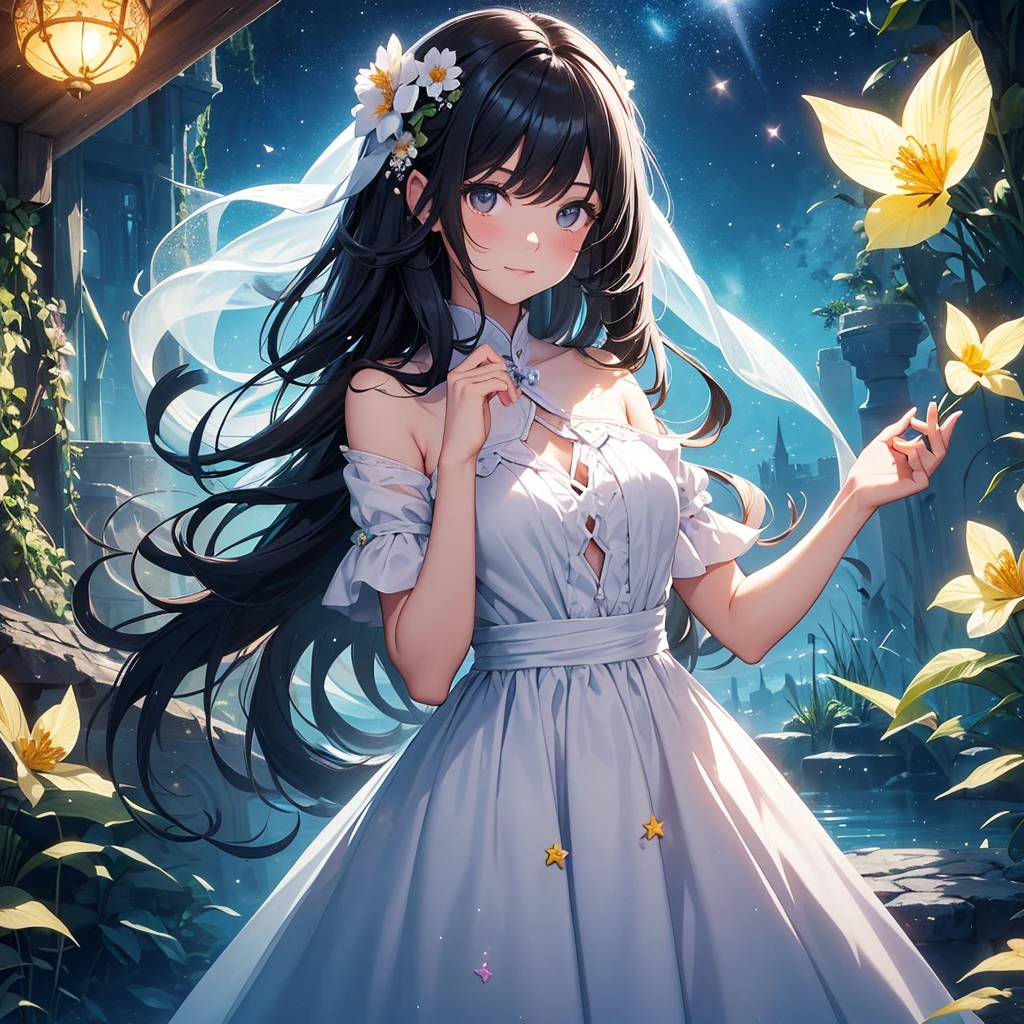 create an image, of a girl with semi-long black hair playing with flowers and fish, something magical and deep, magical and fun atmosphere, happy girl in a beautiful dress, In the universe, dark and bright stars