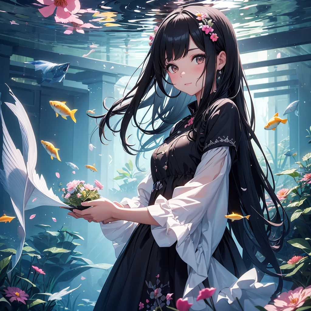 create an image, of a girl with semi-long black hair playing with flowers and fish, something magical and deep, magical and fun atmosphere, happy girl in a beautiful dress, In the universe, dark and bright stars