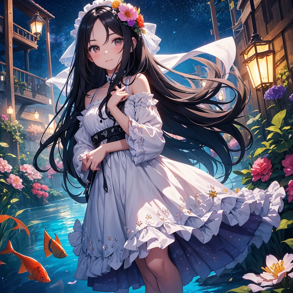 create an image, of a girl with semi-long black hair playing with flowers and fish, something magical and deep, magical and fun atmosphere, happy girl in a beautiful dress, In the universe, dark and bright stars