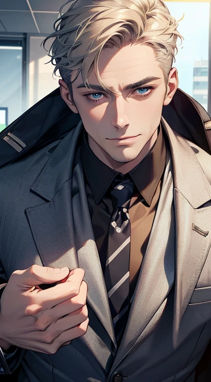 (best quality,4k,8k,highres,masterpiece:1.2),ultra-detailed,(realistic,photorealistic,photo-realistic:1.37),1 man,31 years old,mature man,very handsome,without expression,smile,short grey golden hair,blue eyes,penetrating gaze,perfect face without errors,imposing posture,businessman,office background,cinematic lighting,hdr image