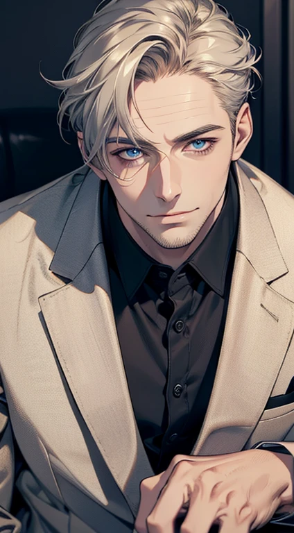 (best quality,4k,8k,highres,masterpiece:1.2),ultra-detailed,(realistic,photorealistic,photo-realistic:1.37),1 man,31 years old,mature man,very handsome,without expression,smile,short grey golden hair,blue eyes,penetrating gaze,perfect face without errors,imposing posture,businessman,office background,cinematic lighting,hdr image