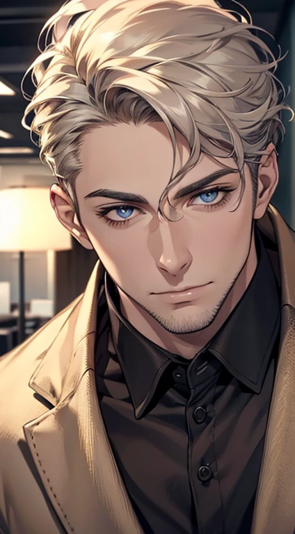 (best quality,4k,8k,highres,masterpiece:1.2),ultra-detailed,(realistic,photorealistic,photo-realistic:1.37),1 man,31 years old,mature man,very handsome,without expression,smile,short grey golden hair,blue eyes,penetrating gaze,perfect face without errors,imposing posture,businessman,office background,cinematic lighting,hdr image