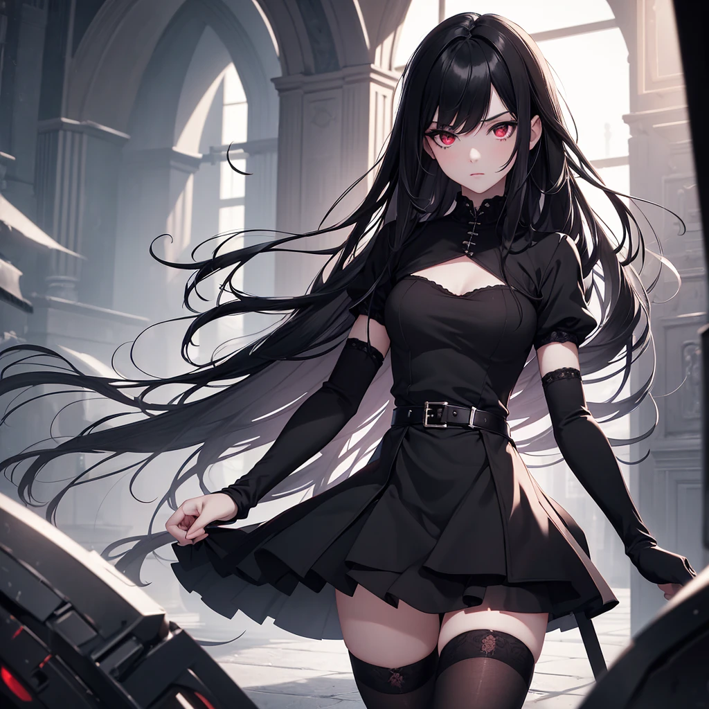 (8K, Best Quality, Masterpiece, Ultra High Resolution) 1Girl, Young Girl, Beautiful Eyes, Face Details, Black Hair, Red Eyes, Pale Skin, Slender, Black Dress, Knee High Socks, Gothic, Dark Room, Best Quality, Upper Body, Looking at the Viewer, Facing Viewer, Close Up