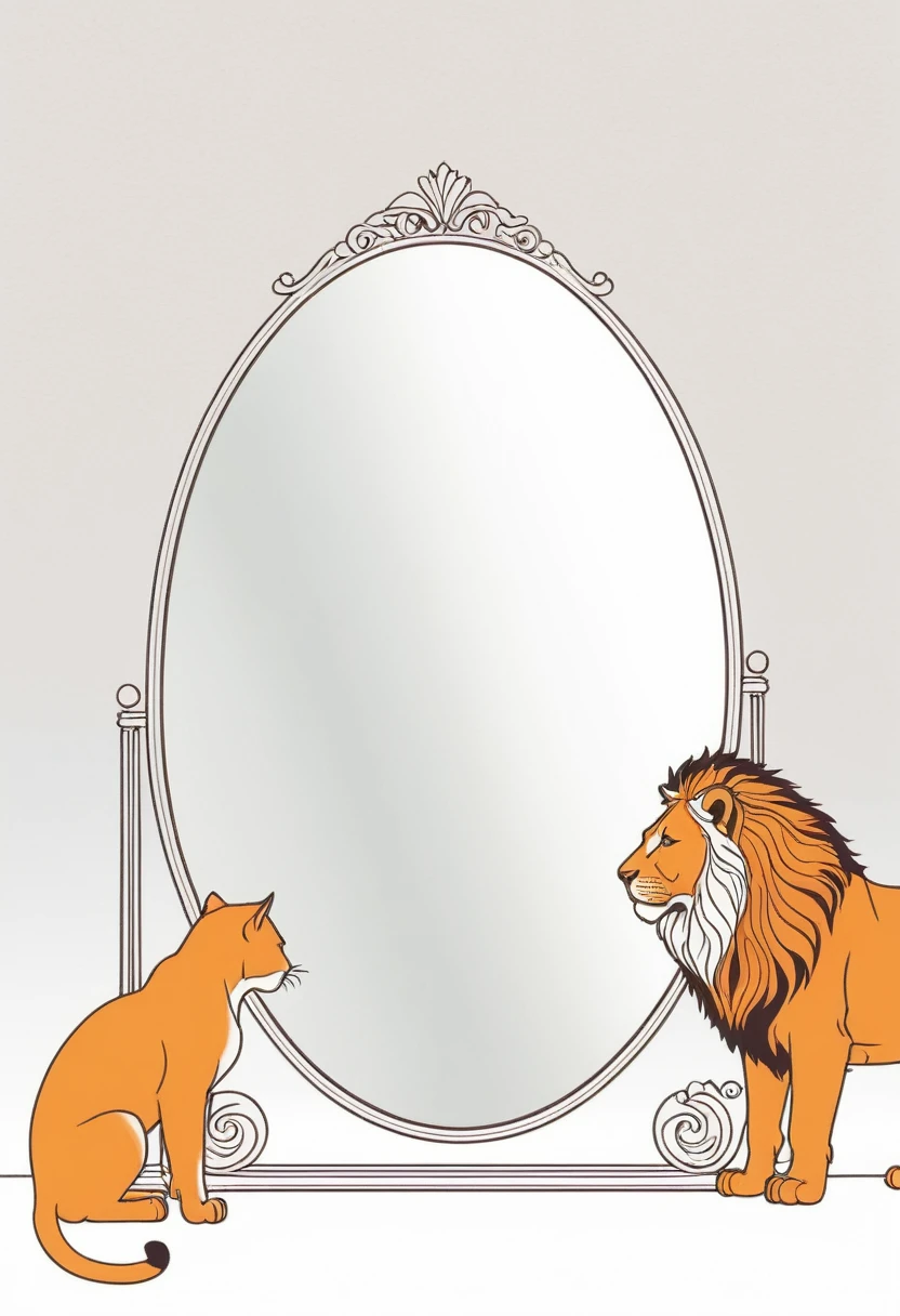 Illustration, in white paper background. One line cat looking at a lion in a mirror