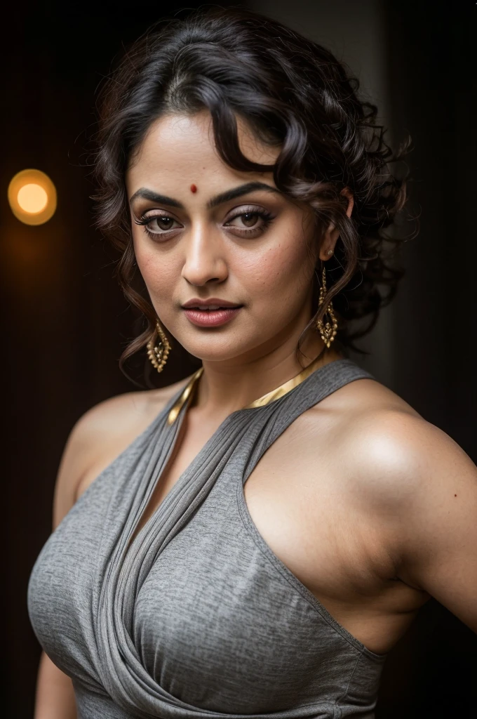 Looks like Sandeepa Dhar, a photo portrait of a beautiful girl 40 years old Woman, curvy hot mommy figure, fleshy figure, with curls, styled black hair, (face portrait:1.5), dramatic light, Rembrandt lighting scheme, bust shot, linen tank top , top quality editorial photograph, skin texture, skin pores, chocolate skin, high quality skin, top quality photography, professional photography, professional retouching, insane detailing, warm moody tones, modern clothes, highly detailed armpits, 
