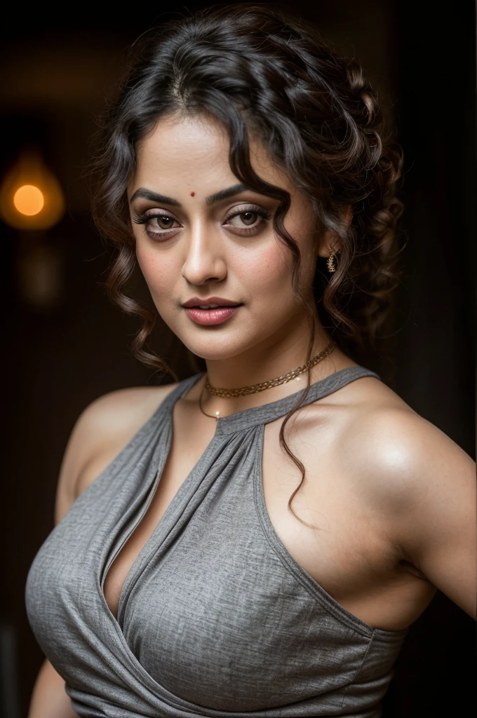 Looks like Sandeepa Dhar, a photo portrait of a beautiful girl 40 years old Woman, curvy hot mommy figure, fleshy figure, with curls, styled black hair, (face portrait:1.5), dramatic light, Rembrandt lighting scheme, bust shot, linen tank top , top quality editorial photograph, skin texture, skin pores, chocolate skin, high quality skin, top quality photography, professional photography, professional retouching, insane detailing, warm moody tones, modern clothes, highly detailed armpits,