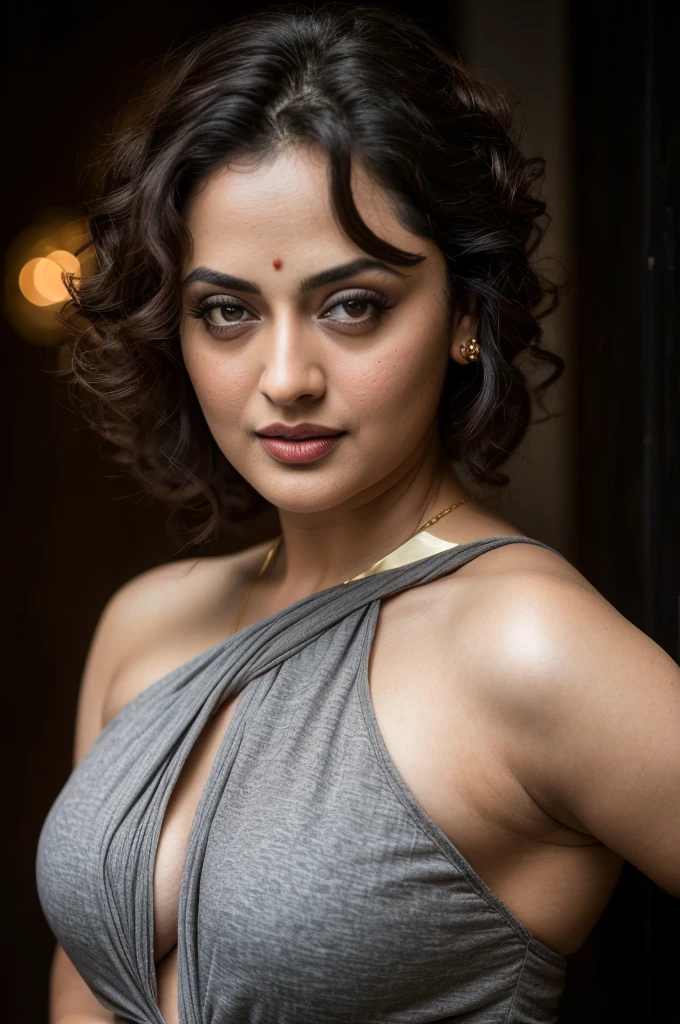 Looks like Sandeepa Dhar, a photo portrait of a beautiful girl 40 years old Woman, curvy hot mommy figure, fleshy figure, with curls, styled black hair, (face portrait:1.5), dramatic light, Rembrandt lighting scheme, bust shot, linen tank top , top quality editorial photograph, skin texture, skin pores, chocolate skin, high quality skin, top quality photography, professional photography, professional retouching, insane detailing, warm moody tones, modern clothes, highly detailed armpits,