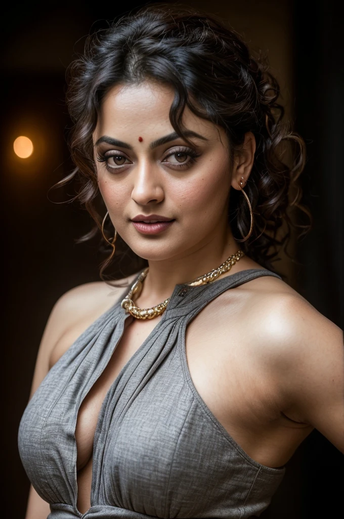 Looks like Sandeepa Dhar, a photo portrait of a beautiful girl 40 years old Woman, curvy hot mommy figure, fleshy figure, with curls, styled black hair, (face portrait:1.5), dramatic light, Rembrandt lighting scheme, bust shot, linen tank top , top quality editorial photograph, skin texture, skin pores, chocolate skin, high quality skin, top quality photography, professional photography, professional retouching, insane detailing, warm moody tones, modern clothes, highly detailed armpits, 