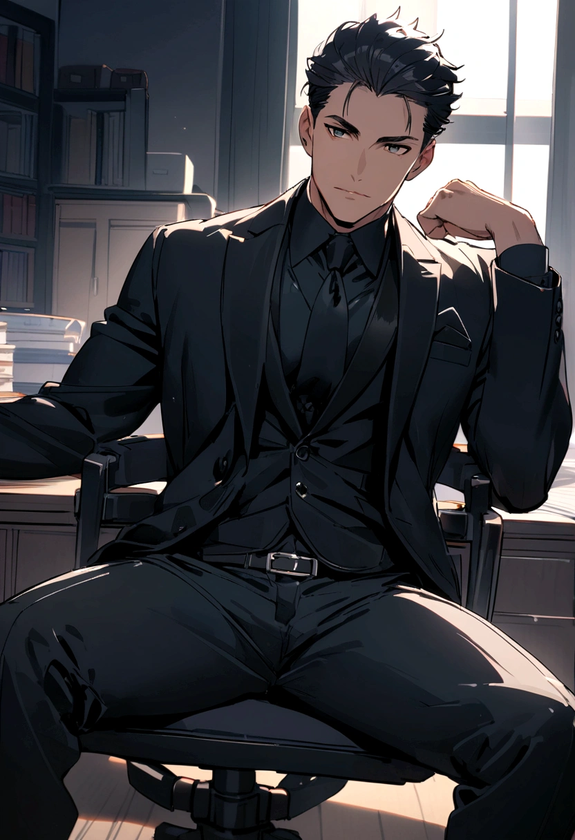 Handsome black haired guy wearing black suit and shorts sitting on a chair in his office