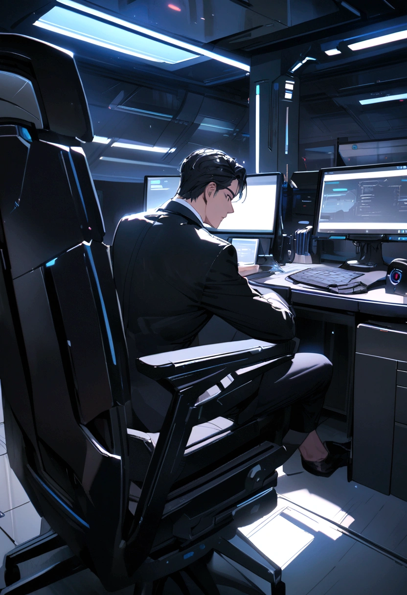 Handsome black haired guy wearing black suit and shorts sitting on a chair in his office 