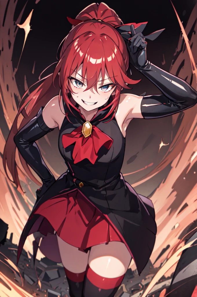 Highest quality, masterpiece, One Girl,Not beautiful, Red Ponytail, Long dress, brooch, Hair Ribbon, - Elbow hand pockets, Black knee socks, Standing on the rubble,  (Wicked Smile:1.1), ,,Dark shadowed face,Sadistic smile,Malice,Contempt,smile,latex,Bad face,,Red Skirt,two hands,two legs,five fingers,evil background,elbow gloves,latex, Wicked Smile, devilish aura (Shiny fabric:1.5),Dark world background,



