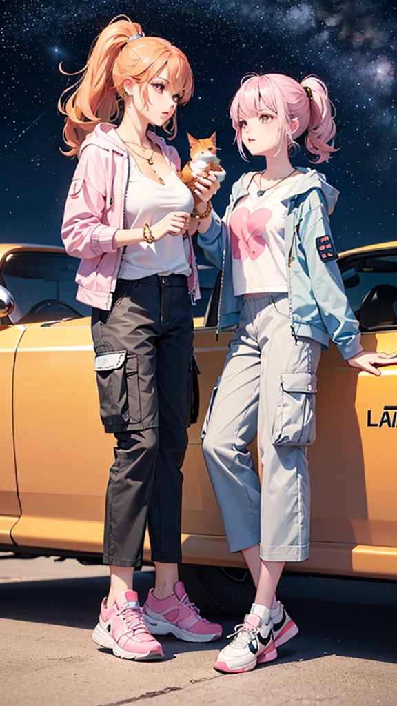 (((Holding a cute orange bantam cat in both hands))),((Highest quality,masterpiece,Full body front view of a mature beauty with big breasts,Air bangs,Blue gray high ponytail super long straight hair,Slightly curly hair on double sideburns,Hair ends curled in,Gray and pink short T-shirt,Light blue denim gray hooded jacket,Black and gray long and wide cargo pants,Pink and white sneakers)),Simple, small and exquisite round necklace,Little star earrings,Wearing a very thin gold bracelet on the right hand,starry sky galaxy background,Look at the lens head-on