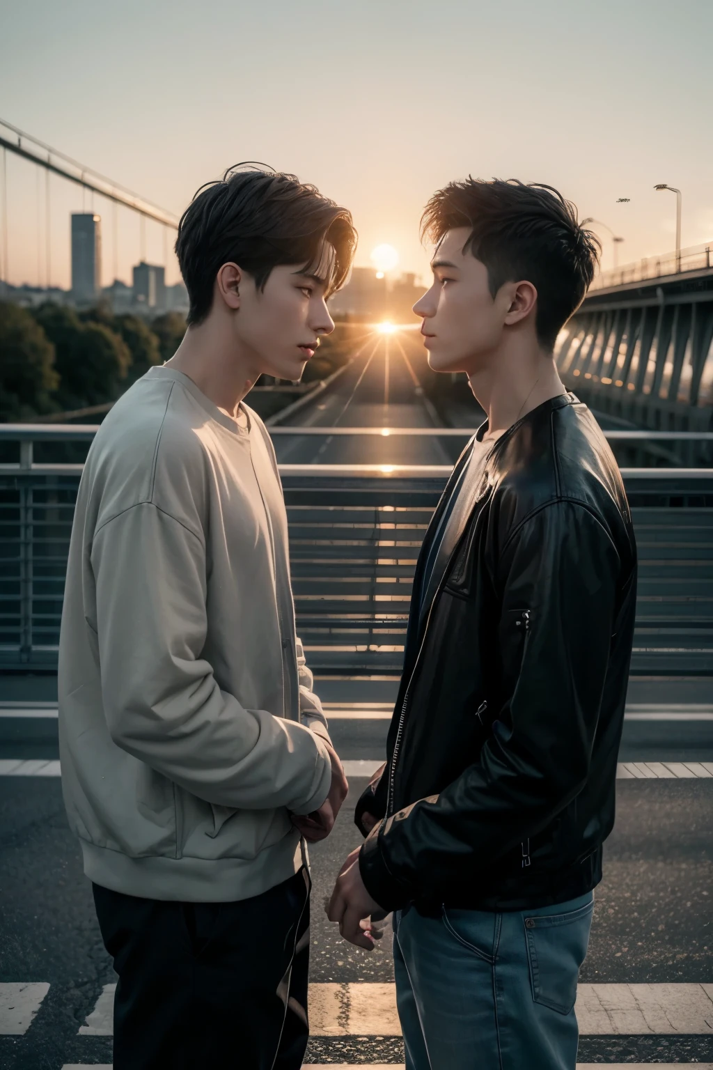 realistic styling, two young men, wearing casual clothing, they talk in the distance on a large bridge as the sun begins to rise and cars pass over the bridge