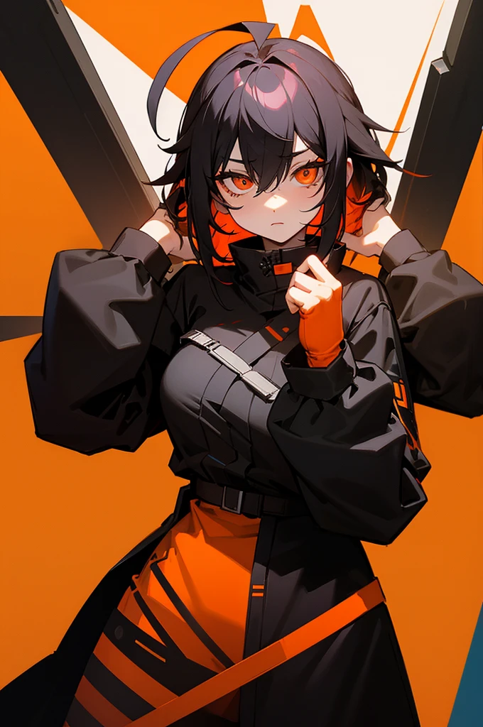 cowboy shot, brshk,female,white eyes,colored sclera,ahoge,hands up,black clothes, orange background, + cyberpunk city