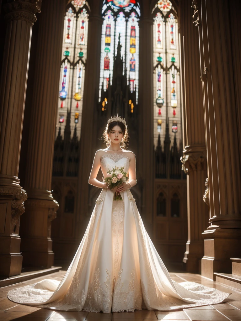 A woman, looking ethereal with her subtle stance and luminous skin, is clad in an enchanting white wedding dress exquisitely adorned with pearls and diamonds. She stands in the aisle of the monumental, age-old cathedral, relishing the mild light shimmering in through the stained glass windows. This light casts a divine play of hues onto her dress, giving it an otherworldly allure. The photographer positions the camera for a low-angle, face-on shot, emphasizing the symmetry of the cathedral and her serenity, (medium shot: 1.5).