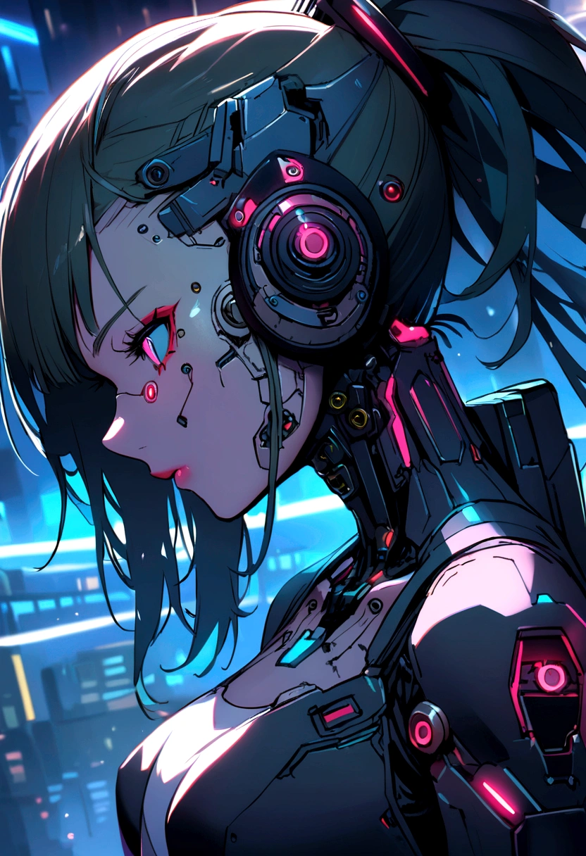 a female cyborg in a cyberpunk era