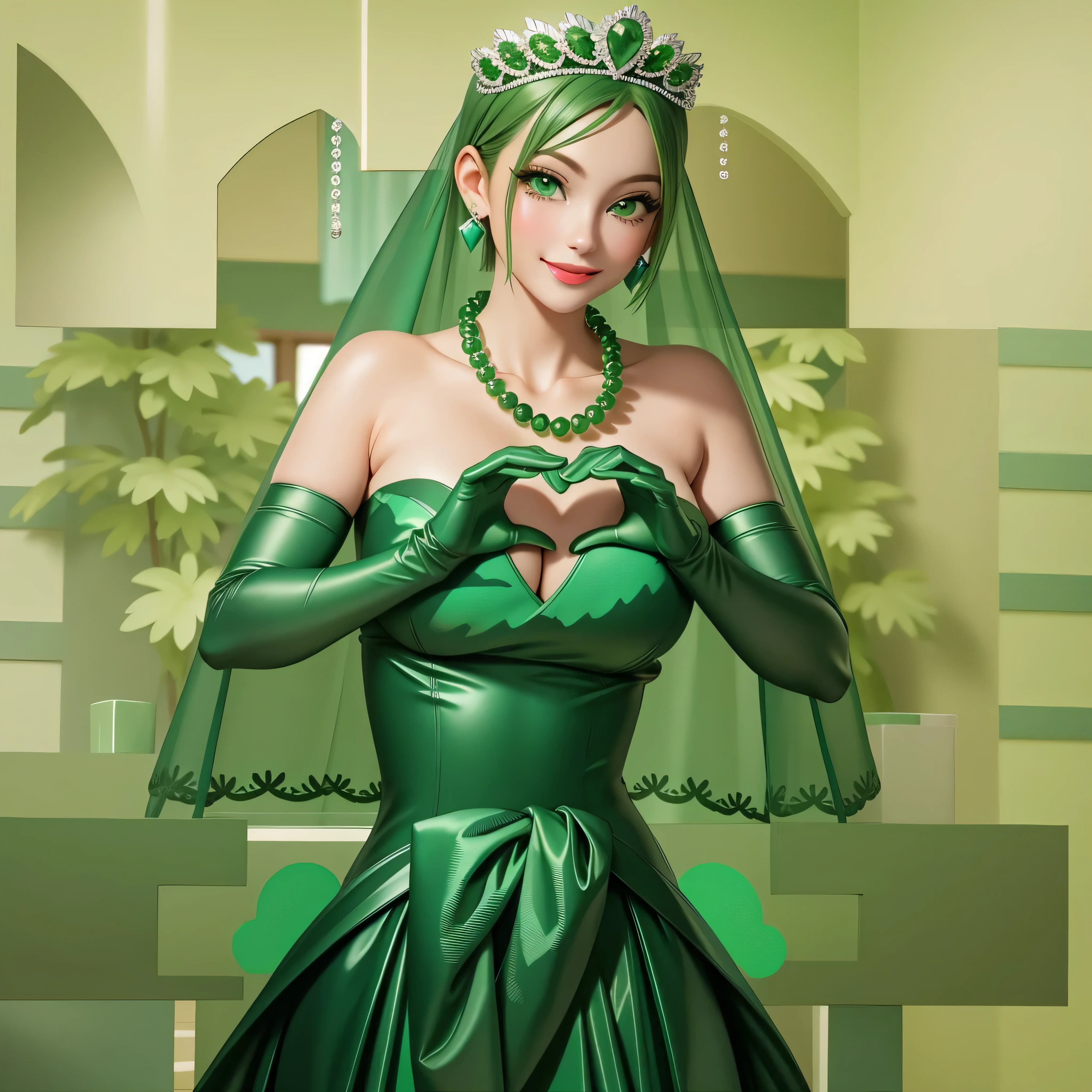 emerald tiara, Green Pearl Necklace, Boyish very short green hair, Green Lips, Smiling Japanese woman, Very short hair, Busty beautiful lady, Green Eyes, Green satin long gloves, Green Eyes, Emerald Earrings, Green veil, Heart with both hands, Green Hair, Beautiful Japanese Woman, Heart shaped hands:1.3, green lip gloss