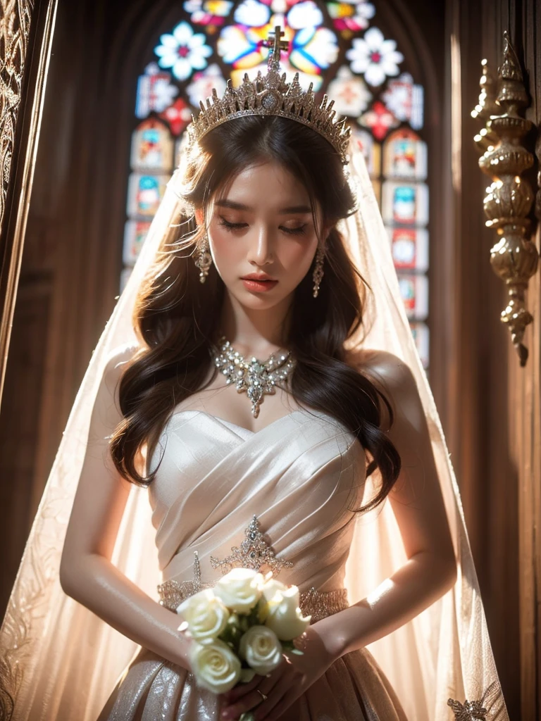A woman, looking ethereal with her subtle stance and luminous skin, is clad in an enchanting white wedding dress exquisitely adorned with pearls and diamonds. She stands in the aisle of the monumental, age-old cathedral, relishing the mild light shimmering in through the stained glass windows. This light casts a divine play of hues onto her dress, giving it an otherworldly allure. The photographer positions the camera for a low-angle, face-on shot, emphasizing the symmetry of the cathedral and her serenity, (Close up shot: 1.6).