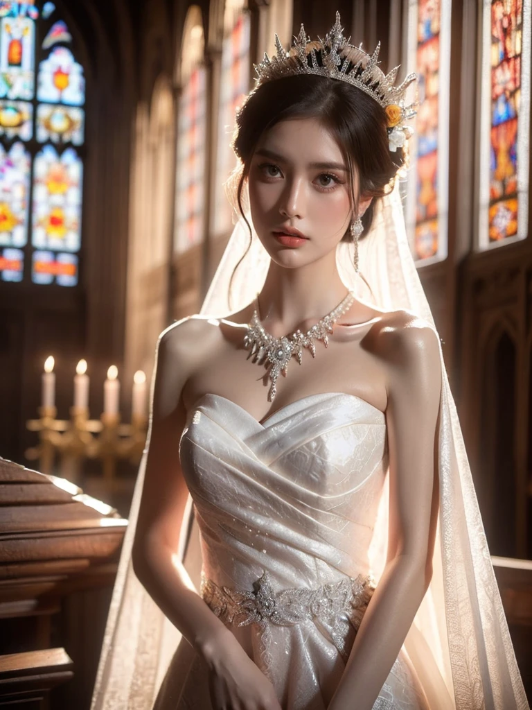 A woman, looking ethereal with her subtle stance and luminous skin, is clad in an enchanting white wedding dress exquisitely adorned with pearls and diamonds. She stands in the aisle of the monumental, age-old cathedral, relishing the mild light shimmering in through the stained glass windows. This light casts a divine play of hues onto her dress, giving it an otherworldly allure. The photographer positions the camera for a low-angle, face-on shot, emphasizing the symmetry of the cathedral and her serenity, (Close up shot: 1.6).