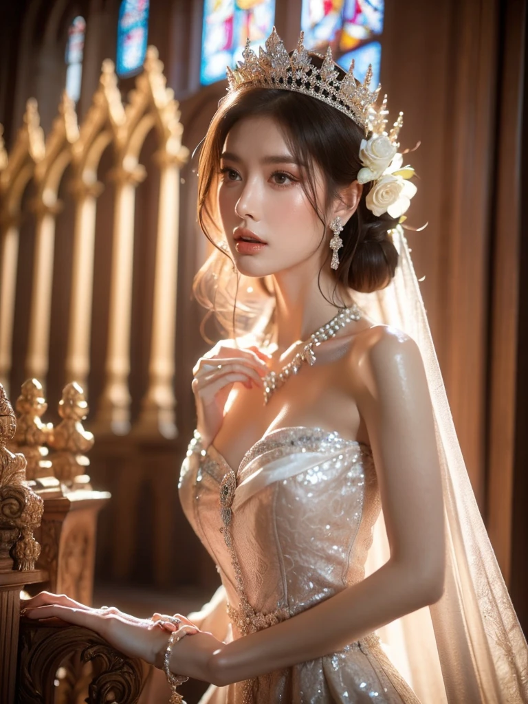 A woman, looking ethereal with her subtle stance and luminous skin, is clad in an enchanting white wedding dress exquisitely adorned with pearls and diamonds. She stands in the aisle of the monumental, age-old cathedral, relishing the mild light shimmering in through the stained glass windows. This light casts a divine play of hues onto her dress, giving it an otherworldly allure. The photographer positions the camera for a low-angle, face-on shot, emphasizing the symmetry of the cathedral and her serenity, (Close up shot: 1.6).