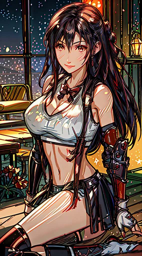 (8ｋ、highest quality、MASTERPIECE:1.2)、(photorealistic:1.3)、Super Detailed、girl 1 person、mature、solo、(Tifa Lockheart)、(big chest)、(((huge lift clothes to show bra)))、(((black bra)))、(beautiful eyes)、(smiling:1.2)、(Closed)、erotic pose、dance、neons、street scenery、Depth Of Field、Dark and strong shadows、Sharp focus、auto、motion blur、bike、Depth Of Field、composition、Glowing green light、Final Fantasy VII, (nose blush）、Single Elbow Pad、Ankle Boots、dark black hair、toned thighs、red boots、Elbow Gloves、Elbow pads、Fingerless Gloves、Taut Shirt、sports bra、（suspenders), (Black Skirt)、thights、white tank top、All over body、head rest、Lips、Facial、Low Tai Long Hair、(red_Ojo)、Yellow flowers、(night:1.3)、Complex、Bokeh、Cinematic Lighting、Photon mapping、Radiosity、physically based rendering、(Tetsuya Nomura Style)、NSFW、Perfect Breasts