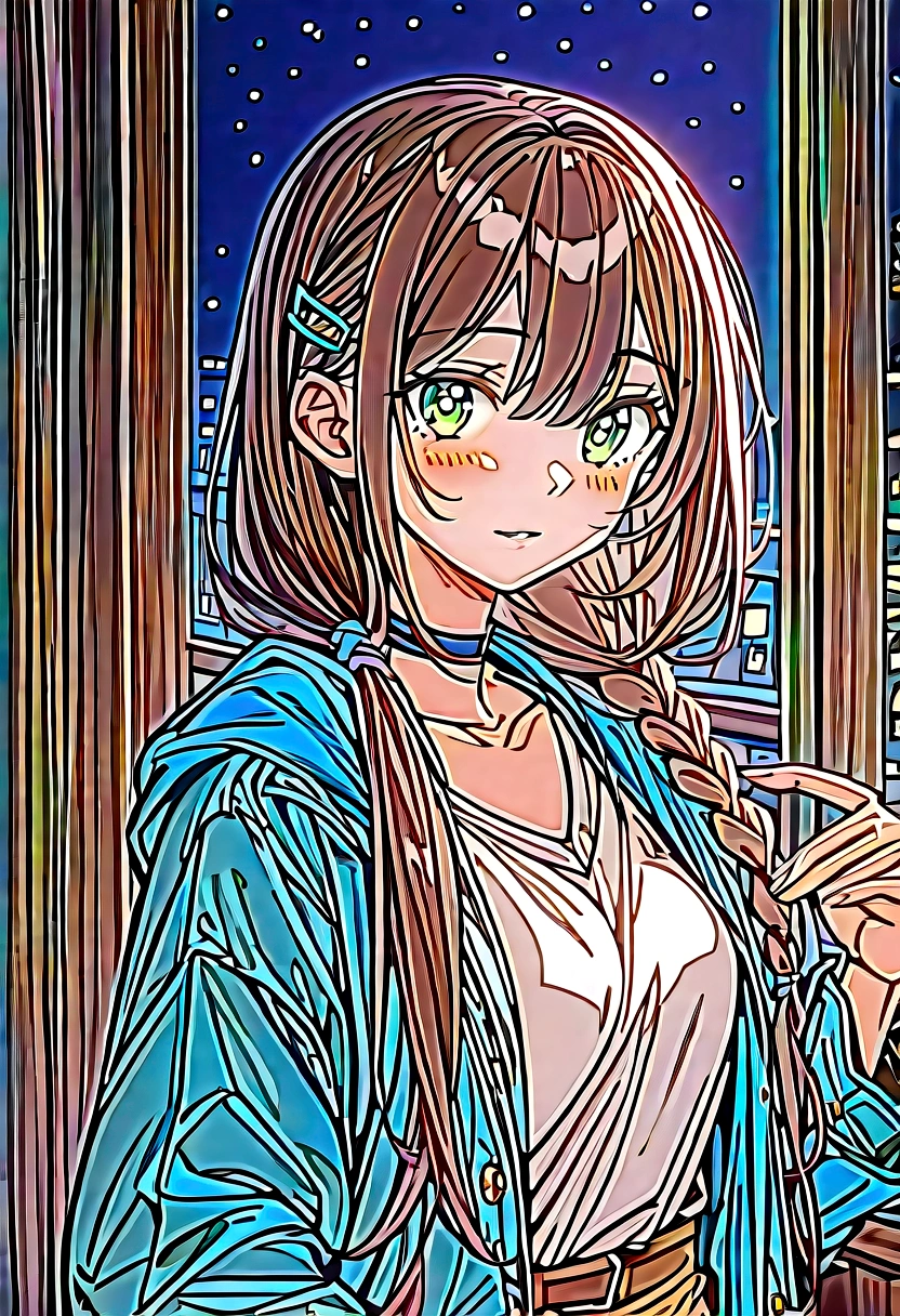 (night:1.7), Japan, cyber punk, City View, In front of the window,Wooden floor,
Upright immobile posture,
Blue jacket, Grey Shirt, clavicle, Deep valley, Black Choker,
jewelry,gem,bangs, Brown Hair, Green Eyes, Braiding,Long Hair, Low Ponytail, A bow tie,hair ornaments, Hair Clip,
1 Girl, 20-year-old,young woman,beautiful Finger,beautiful long legs,beautiful body,beautiful Nose,beautiful character design, Perfect Eyes, perfect face,Expressive eyes,
View your viewers, centered in picture,(upper_body),(Focus on her face),
Official Art,非常に詳細な CG ユニティ 8K 壁紙, Perfect lighting,colorful, bright_front_face_Lighting,Shiny skin,
(masterpiece:1.0),(Highest_quality:1.0), 超High resolution,4K,Super detailed,
photograph, 8K, High resolution, High resolution, Absurd:1.2, 400 for Kodak Port, Film Grain, Blurred Background, Bokeh:1.2, Lens flare, (Vibrant_color:1.2)
(beautiful,chest), (beautiful_face:1.5),(narrow_Waist),