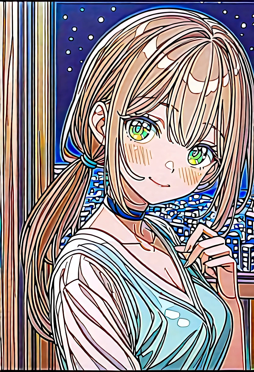 (night:1.7), Japan, cyber punk, City View, In front of the window,Wooden floor,
Upright immobile posture,
Blue jacket, Grey Shirt, clavicle, Deep valley, Black Choker,
jewelry,gem,bangs, Brown Hair, Green Eyes, Braiding,Long Hair, Low Ponytail, A bow tie,hair ornaments, Hair Clip,
1 Girl, 20-year-old,young woman,beautiful Finger,beautiful long legs,beautiful body,beautiful Nose,beautiful character design, Perfect Eyes, perfect face,Expressive eyes,
View your viewers, centered in picture,(upper_body),(Focus on her face),
Official Art,非常に詳細な CG ユニティ 8K 壁紙, Perfect lighting,colorful, bright_front_face_Lighting,Shiny skin,
(masterpiece:1.0),(Highest_quality:1.0), 超High resolution,4K,Super detailed,
photograph, 8K, High resolution, High resolution, Absurd:1.2, 400 for Kodak Port, Film Grain, Blurred Background, Bokeh:1.2, Lens flare, (Vibrant_color:1.2)
(beautiful,chest), (beautiful_face:1.5),(narrow_Waist),