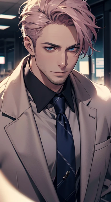 (best quality,4k,8k,highres,masterpiece:1.2),ultra-detailed,(realistic,photorealistic,photo-realistic:1.37),1 man,31 years old,mature man,very handsome,without expression,smile,short grey pink hair,blue eyes,penetrating gaze,perfect face without errors,imposing posture,businessman,office background,cinematic lighting,hdr image