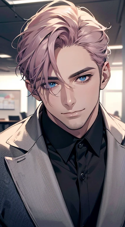 (best quality,4k,8k,highres,masterpiece:1.2),ultra-detailed,(realistic,photorealistic,photo-realistic:1.37),1 man,31 years old,mature man,very handsome,without expression,smile,short grey pink hair,blue eyes,penetrating gaze,perfect face without errors,imposing posture,businessman,office background,cinematic lighting,hdr image