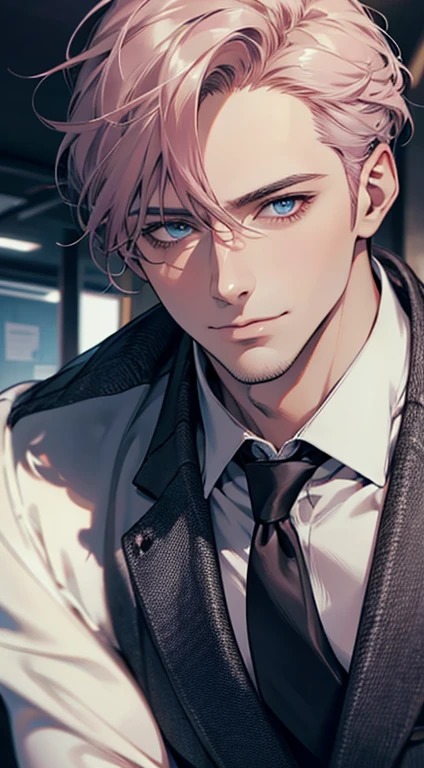 (best quality,4k,8k,highres,masterpiece:1.2),ultra-detailed,(realistic,photorealistic,photo-realistic:1.37),1 man,31 years old,mature man,very handsome,without expression,smile,short grey pink hair,blue eyes,penetrating gaze,perfect face without errors,imposing posture,businessman,office background,cinematic lighting,hdr image