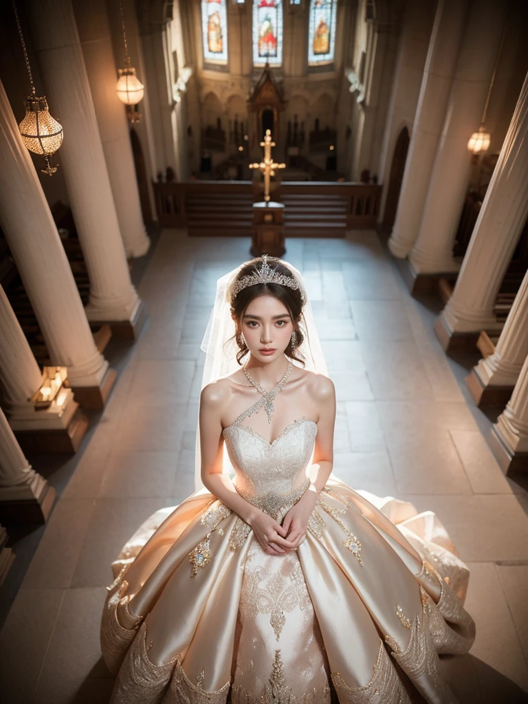 A woman, looking ethereal with her subtle stance and luminous skin, is clad in an enchanting white wedding dress exquisitely adorned with pearls and diamonds. She stands in the aisle of the monumental, age-old cathedral, relishing the mild light shimmering in through the stained glass windows. This light casts a divine play of hues onto her dress, giving it an otherworldly allure. The photographer positions the camera for a low-angle, face-on shot, emphasizing the symmetry of the cathedral and her serenity, (top view shot: 1.6).
