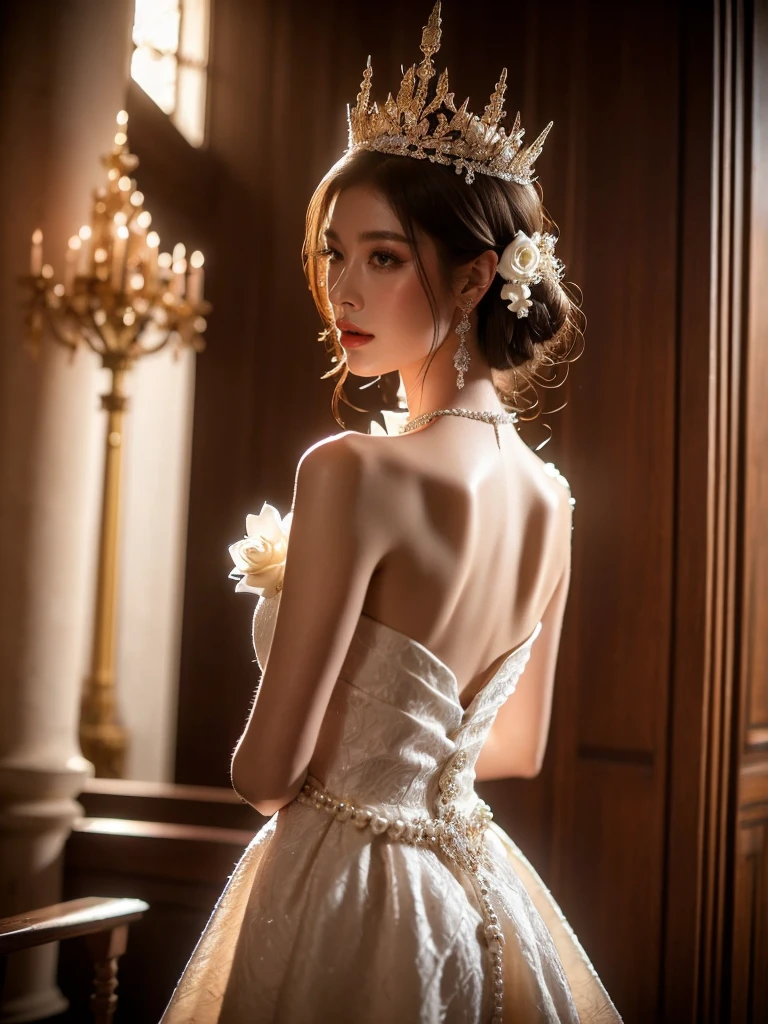 The woman, with her delicate pose and radiant skin, is adorned in an exquisite white wedding dress embellished with pearls and diamonds. She is positioned in the aisle of a majestic, ancient cathedral, as gentle light pours in through the stained-glass windows. This light casts a surreal ilumination on her dress, giving it a fantastical appearance. The shot is a waist-up angle from behind that shows her admiring the profound architecture. The overall ambiance is solemn and devotional.