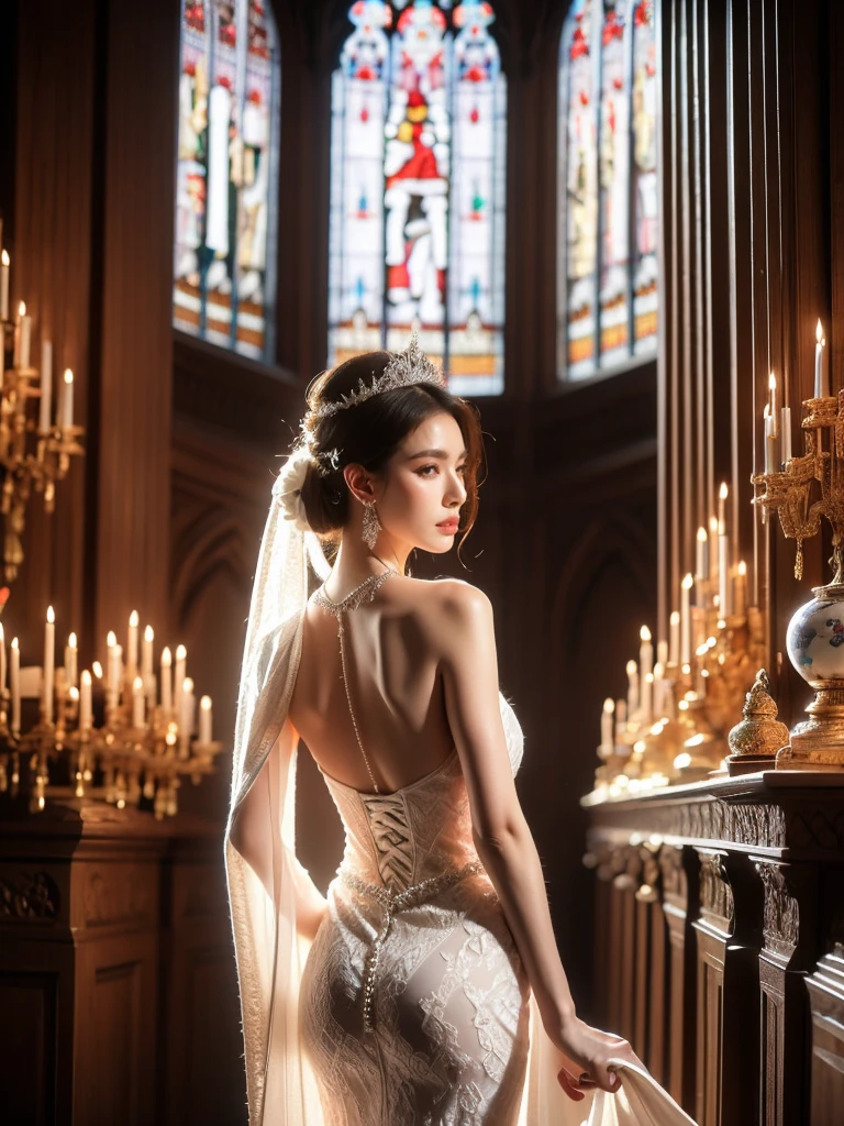 The woman, with her delicate pose and radiant skin, is adorned in an exquisite white wedding dress embellished with pearls and diamonds. She is positioned in the aisle of a majestic, ancient cathedral, as gentle light pours in through the stained-glass windows. This light casts a surreal ilumination on her dress, giving it a fantastical appearance. The shot is a waist-up angle from behind that shows her admiring the profound architecture. The overall ambiance is solemn and devotional.