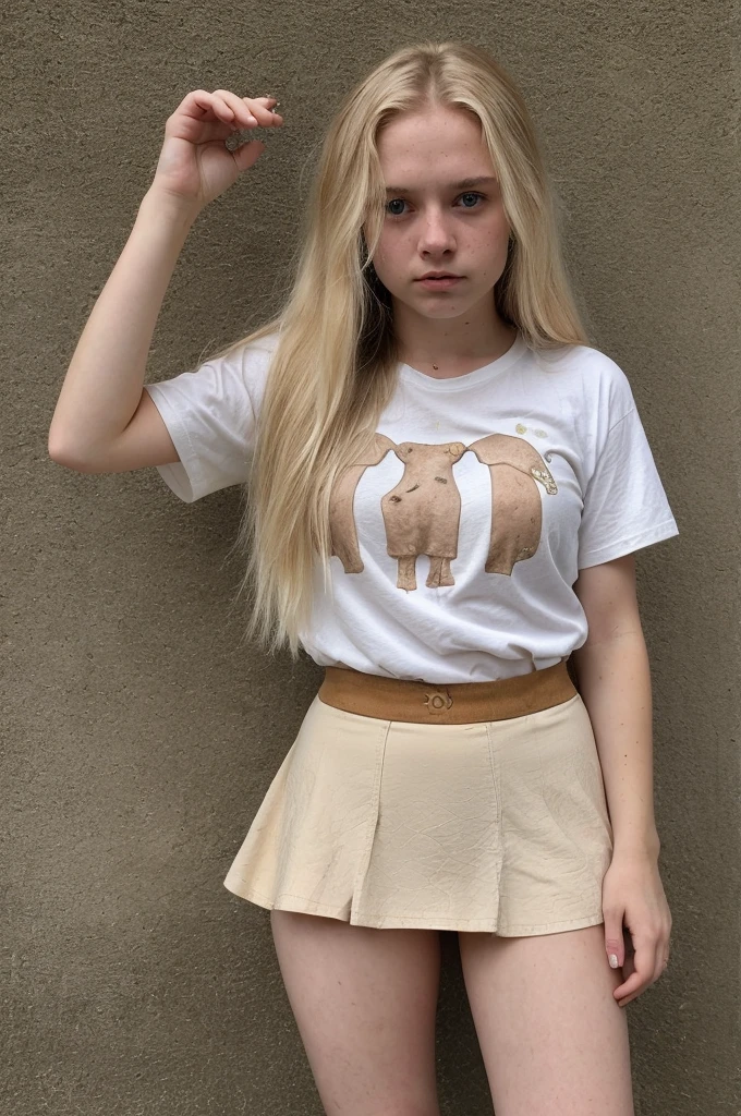 A 18-year-old blonde woman, ((hiperrealismo))textured skin, goosebumps, perfect eyes. Blonde hair with light brown roots, Blonde hair, Hair with brown roots, extra long hair, really long hair. photo taken with iPhone, Porta 160 color. Cosplay as a cow, cow shirt and skirt, cow costume