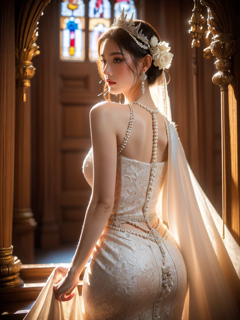 The woman, with her delicate pose and radiant skin, is adorned in an exquisite white wedding dress embellished with pearls and diamonds. She is positioned in the aisle of a majestic, ancient cathedral, as gentle light pours in through the stained-glass windows. This light casts a surreal ilumination on her dress, giving it a fantastical appearance. The shot is a waist-up angle from behind that shows her admiring the profound architecture. The overall ambiance is solemn and devotional.