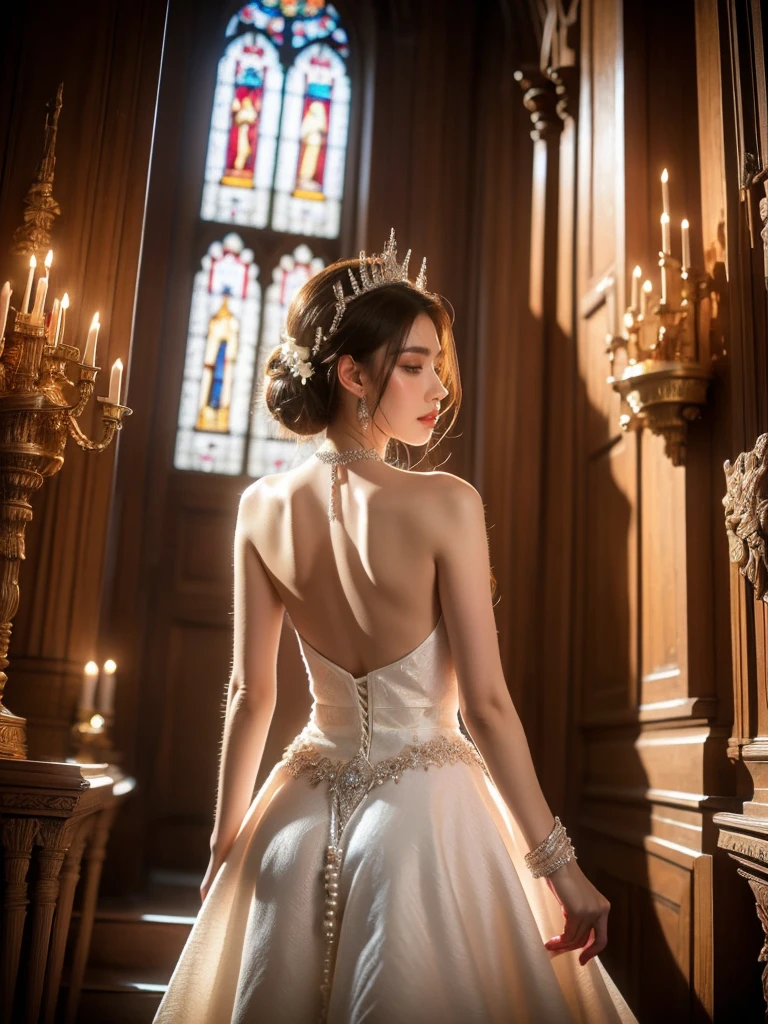 The woman, with her delicate pose and radiant skin, is adorned in an exquisite white wedding dress embellished with pearls and diamonds. She is positioned in the aisle of a majestic, ancient cathedral, as gentle light pours in through the stained-glass windows. This light casts a surreal ilumination on her dress, giving it a fantastical appearance. The shot is a waist-up angle from behind that shows her admiring the profound architecture. The overall ambiance is solemn and devotional.