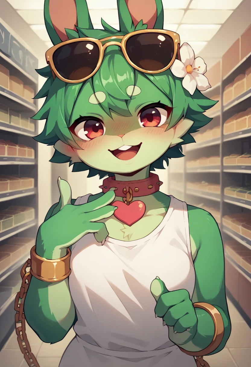 Green rabbit furry girl, chain,white sleeveless shirt with flower embroidery,heart collar,gold bracelets,sunglasses,department store,looking at viewer,upper body only,full face blush,naughty face,smile,excited pose, in the living room